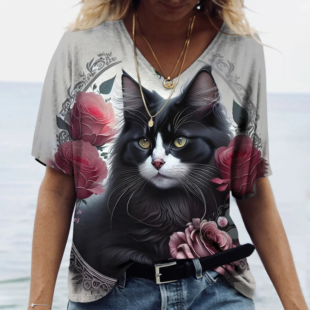 Fashion Women's T-shirt Cat Print Short Sleeve Clothes Female Harajuku Tees Ladies T Shirt Oversized Tops Animal Women Clothing