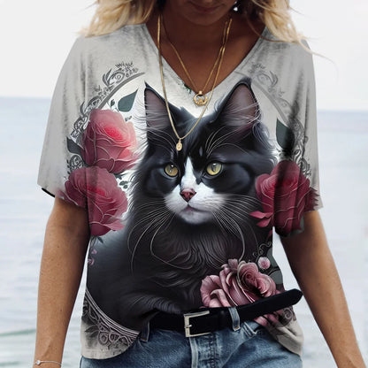 Fashion Women's T-shirt Cat Print Short Sleeve Clothes Female Harajuku Tees Ladies T Shirt Oversized Tops Animal Women Clothing