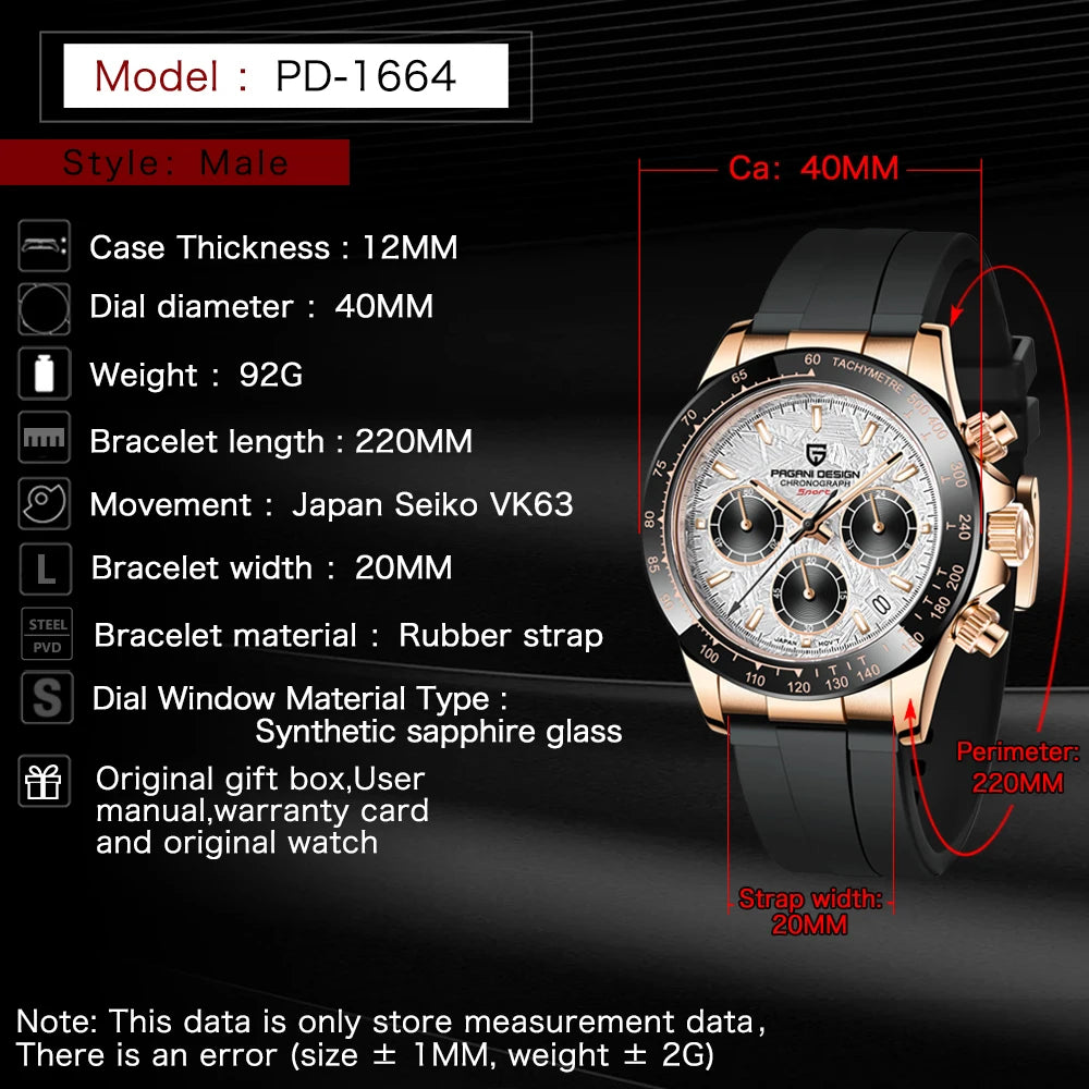 PAGANI DESIGN Watches Meteorite Surface Luxury Quartz Watches For Men Stainless Steel Waterproof Chronograph AR Sapphire Crystal