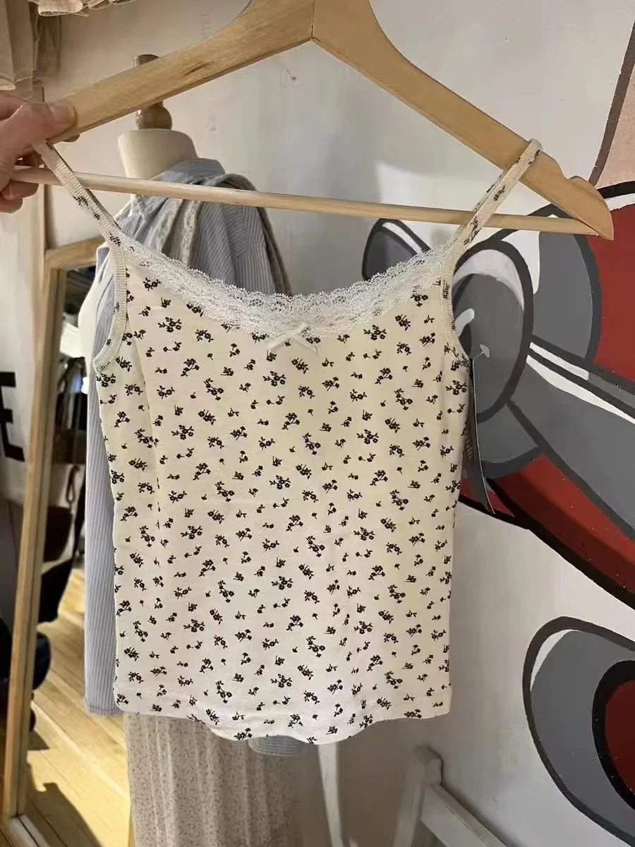 Retro Patchwork Ribbed Cotton Tops Women Summer Sweet Ruffle Square Collar Sleeveless Bow Camis Vintage Chic Slim Crop Top 2024