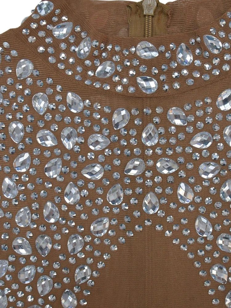 Kricesseen Women's Silver Rhinestone Long One-Piece Maxi Dress Glam Sheer Sequins Party Dresses Celebrities Outfits Clubwear