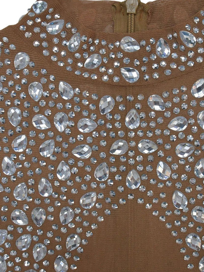 Kricesseen Women's Silver Rhinestone Long One-Piece Maxi Dress Glam Sheer Sequins Party Dresses Celebrities Outfits Clubwear