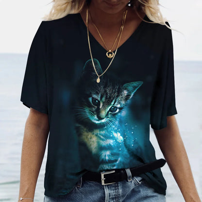 Fashion Women's T-shirt Cat Print Short Sleeve Clothes Female Harajuku Tees Ladies T Shirt Oversized Tops Animal Women Clothing