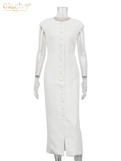 Clacive Summer Slim White Women's Dress 2025 Fashion O-Neck Sleeveless Ankle Length Dresses Elegant Classic Solid Female Dress