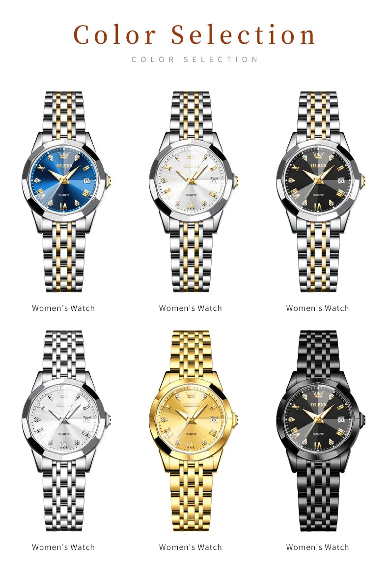 OLEVS Fashion Luxury Golden Watch For Women Stainless Steel Wristwatch Elegant Rhombus Quartz Waterproof Women's Watches Reloj