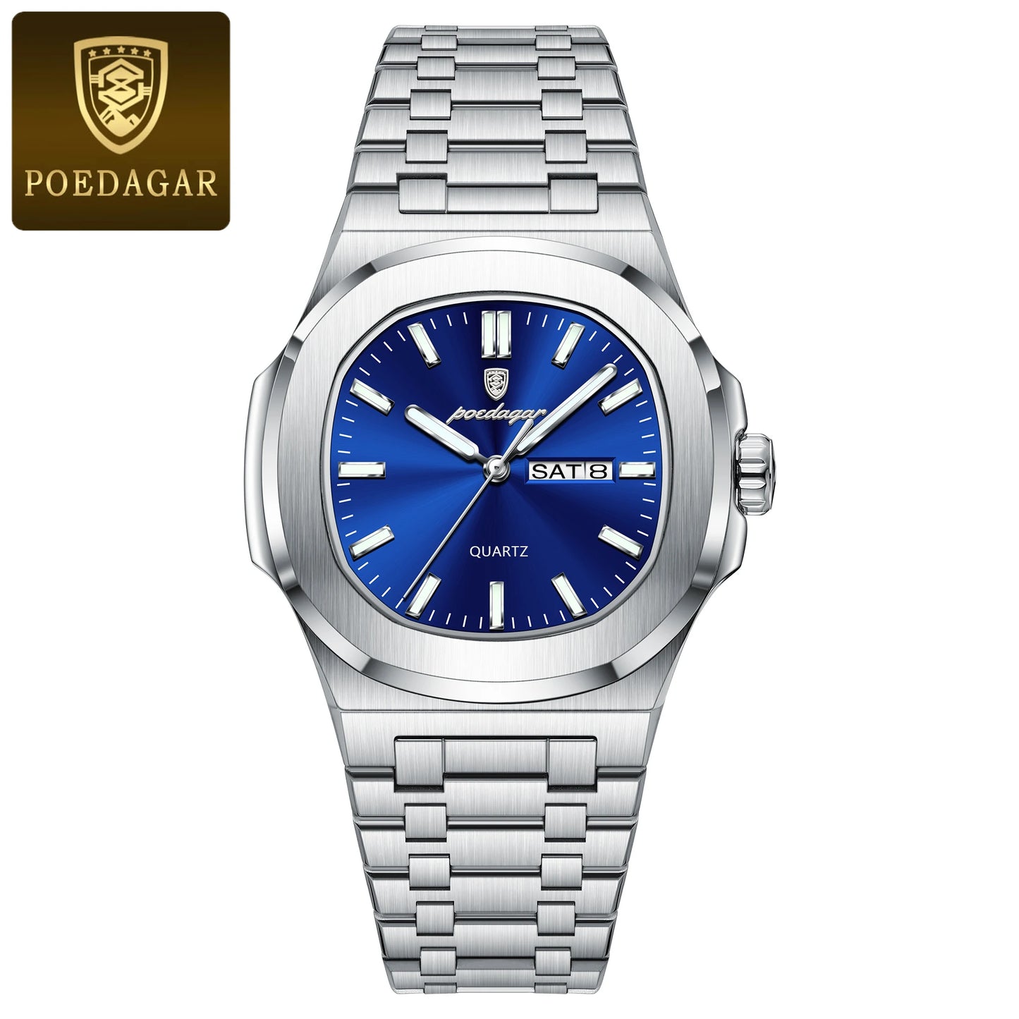POEDAGAR Trendy Square Men's Watches Waterproof Luminous Date Week Man Clock Stainless Steel Exquisite Quartz Men Wristwatch+Box