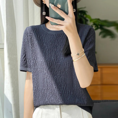 Women's T-shirt Summer Worsted Wool Sweater Short Sleeve Casual Solid Color Ladies' Clothes Round Neck Tops Loose Blouse