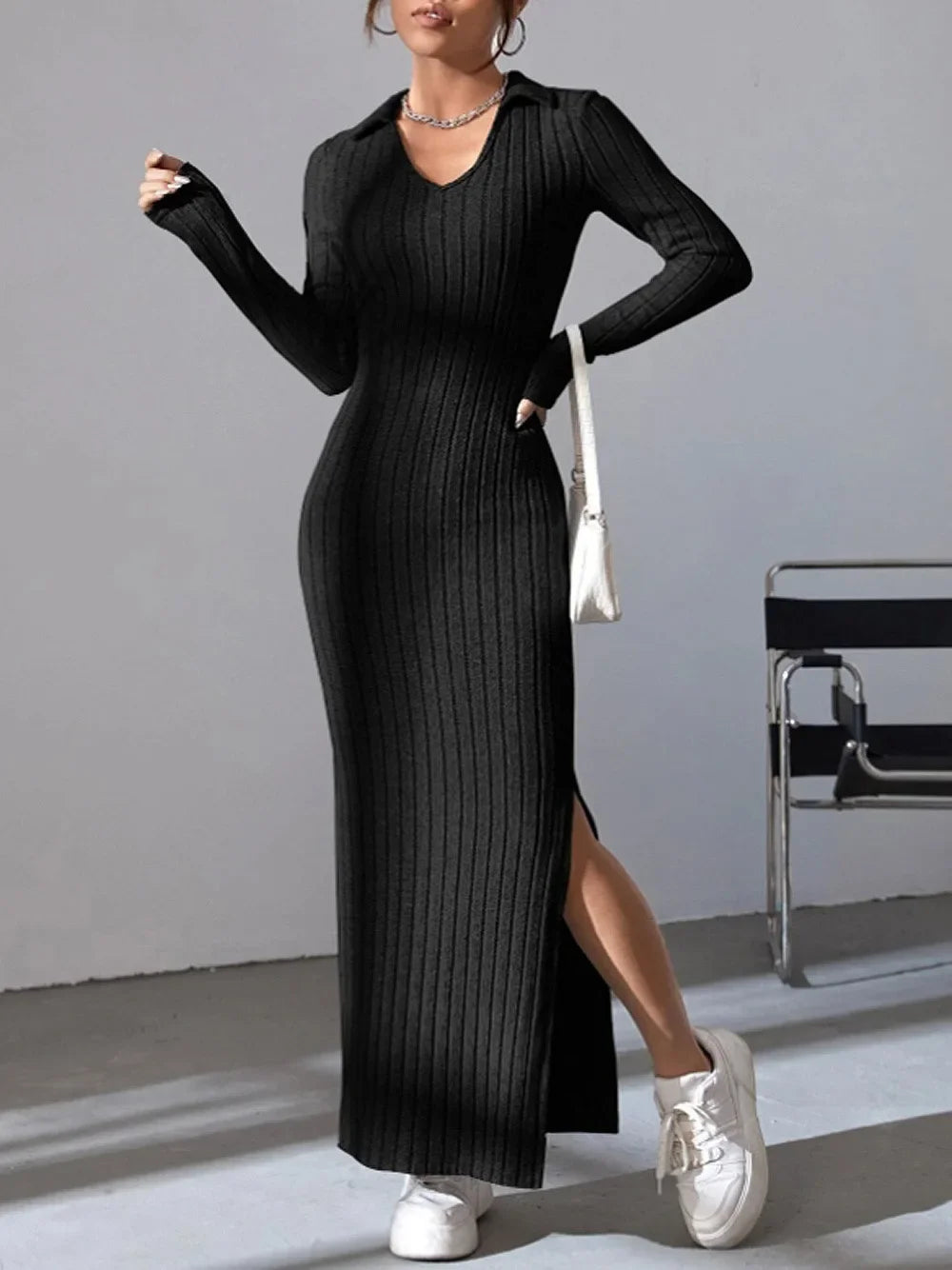 Spring and Summer 2024 New Style Knitted Slim Lapel Long Sleeve Dress Pit Strip Solid Color Tight Skirt
