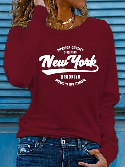 100% pure cotton women's spring and autumn loose and comfortable NEW YORK letter pattern printed long sleeved round neck T-shirt