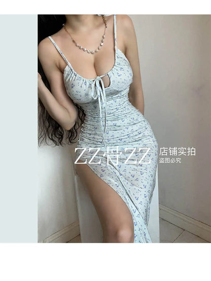 French Elegant Beach Vacation Style Print Side Split Print Dress With Hanging Strap Long Dress Robe Fashion Sweet 2024 New L7M4