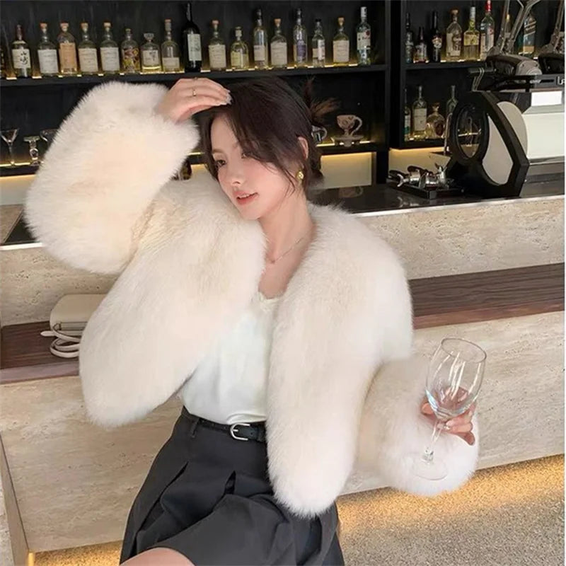 2025 Fashion Black Pink Fur Coat Women's Short Fox Fur Jacket Korean V-neck Streetwear Lady Outerwear Loose Tops Autumn Winter