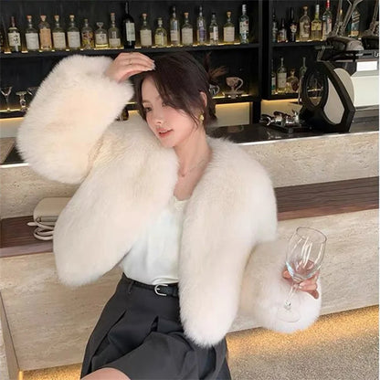 2025 Fashion Black Pink Fur Coat Women's Short Fox Fur Jacket Korean V-neck Streetwear Lady Outerwear Loose Tops Autumn Winter