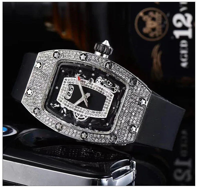 Manufacturer's spot supply, business fashion diamond-set, women's quartz watch red lip wine barrel-shaped watch