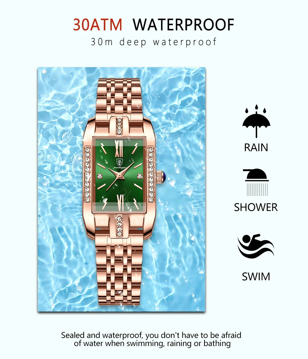 POEDAGAR Women Watch Fashion Luxury Diamond Green Dial Square Quartz Watches Stainless Steel Waterproof Ladies Wristwatch Gift