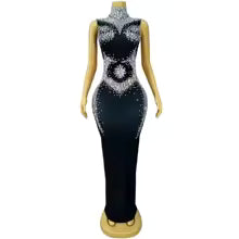 Women Sexy Stage Sparkly Rhinestones Sleeveless Dress Elegant Birthday Celebrate Evening dress Important occasion party dress