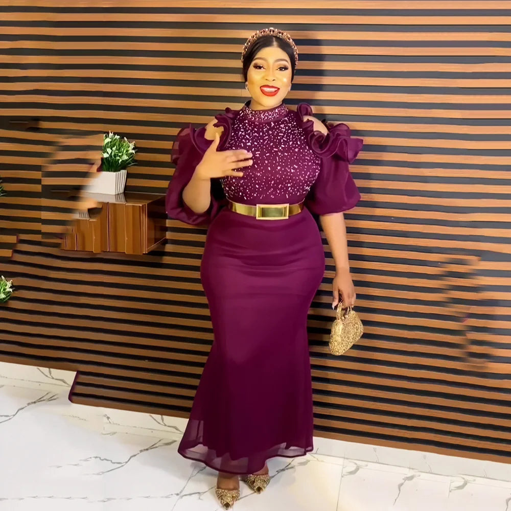 African American evening dress gauze off-the-shoulder belt diamond African mom dress