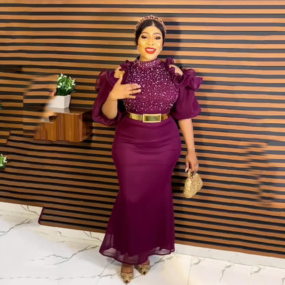 African American evening dress gauze off-the-shoulder belt diamond African mom dress