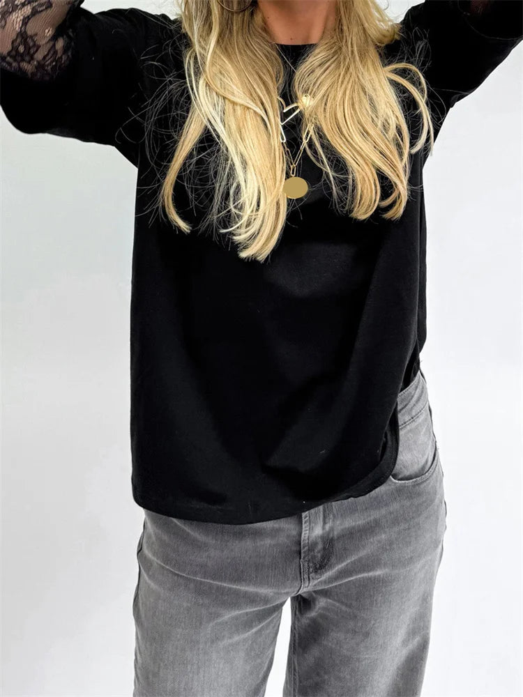 CHRONSTYLE Women Round Neck T-Shirts Lace Long Sleeve Casual Spring Fall Loose Fit Tops Solid Color Tees for Streetwear Y2K 00s