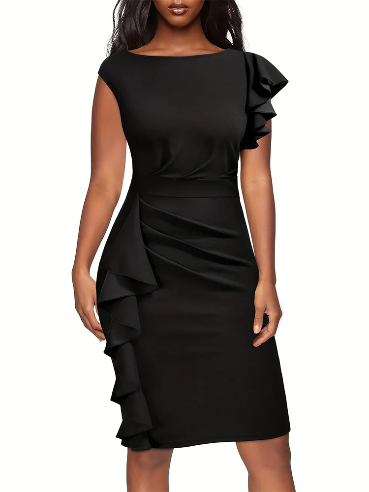 Solid Ruffle Trim Dress, Elegant Bodycon Sleeveless Pencil Dress For Party & Banquet, Women's Clothing