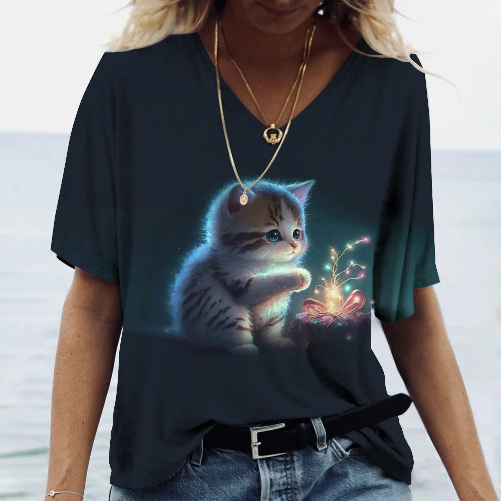 Fashion Women's T-shirt Cat Print Short Sleeve Clothes Female Harajuku Tees Ladies T Shirt Oversized Tops Animal Women Clothing