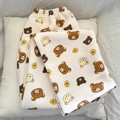 Rilakkuma Pajama Set Embroidery Hoodie Autumn Winter Y2K Coral Fleece Pajama Women Cute Button Thin Warm Home Set Top Pants New