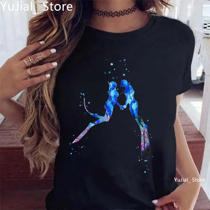 Watercolor Scuba Diving Lover Printed Sports Art Tee Shirt Femme Cute Summer Top Woman Clothes Ropa Mujer Custom Tshirt