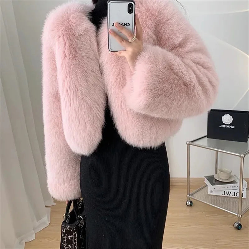 2025 Fashion Black Pink Fur Coat Women's Short Fox Fur Jacket Korean V-neck Streetwear Lady Outerwear Loose Tops Autumn Winter