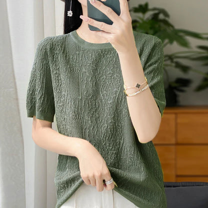 Women's T-shirt Summer Worsted Wool Sweater Short Sleeve Casual Solid Color Ladies' Clothes Round Neck Tops Loose Blouse