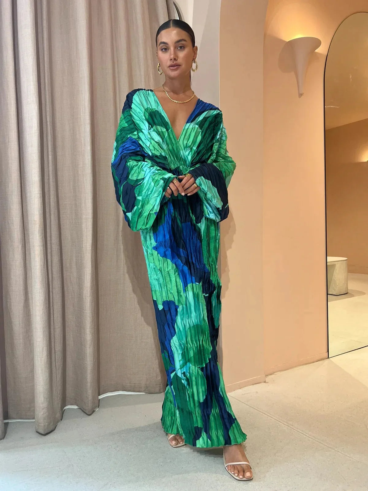 2024 Long Sleeve Pleated Loose Green Blue Beach Dress Long Beach Cover up Woman Swimwear Bikini Tunic Beachwear Outfit Sundress