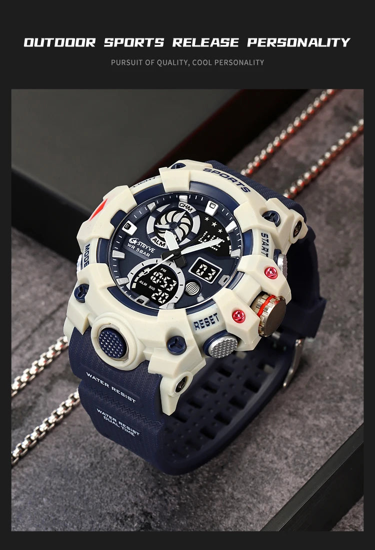 STRYVE Top Brand Electronic Watch For Men Outdoor Sports Waterproof Dual Time Display Quartz Wristwatches Rubber reloj hombre