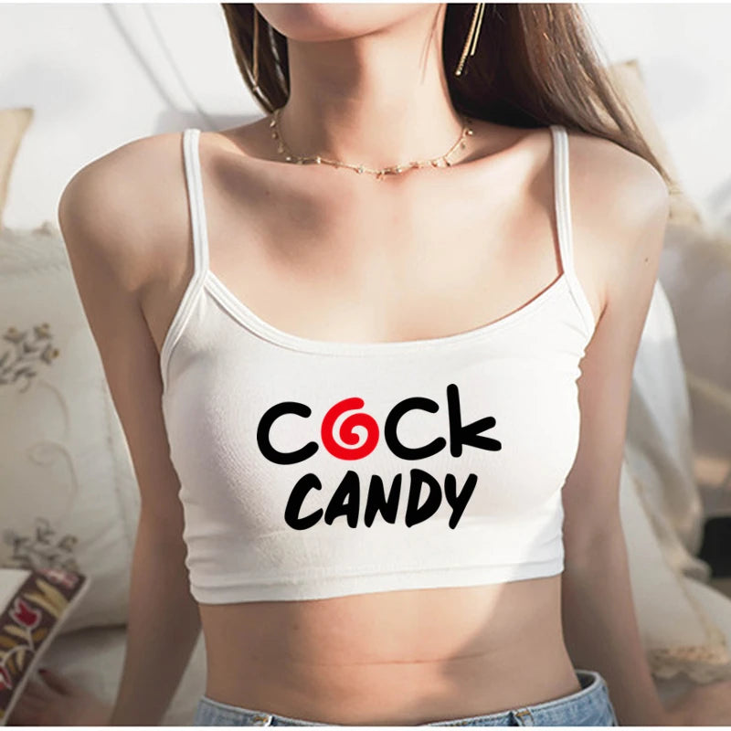 Cock Candy Funny Letters Print Crop Top Female Clothes Sexy Elastic Cotton Camis Sleeveless Short Tank Tops for Women Girls Bar