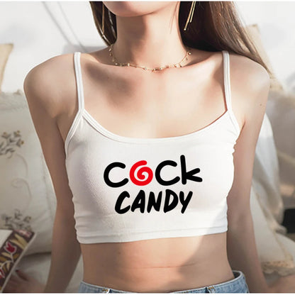Cock Candy Funny Letters Print Crop Top Female Clothes Sexy Elastic Cotton Camis Sleeveless Short Tank Tops for Women Girls Bar