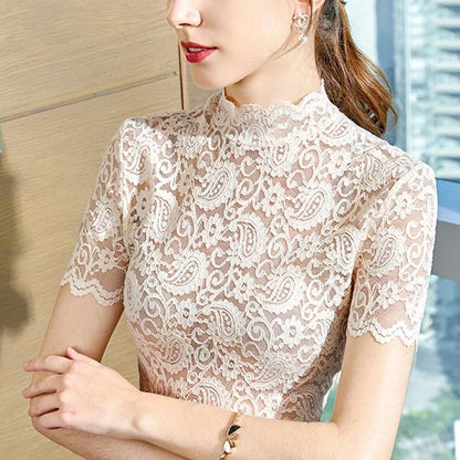 Summer Women Short Sleeve Tops Solid Color Lace Hollow Sexy Bottom Shirt Turtleneck Thin T-shirt Transparent Gauze Tees