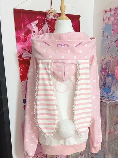 Vintage Kawaii Long Sleeve Loose Coat with Hooded Women Japanese Cute Zipper Sweatshirts Female Casual Y2k Jacket Overcoat Chic