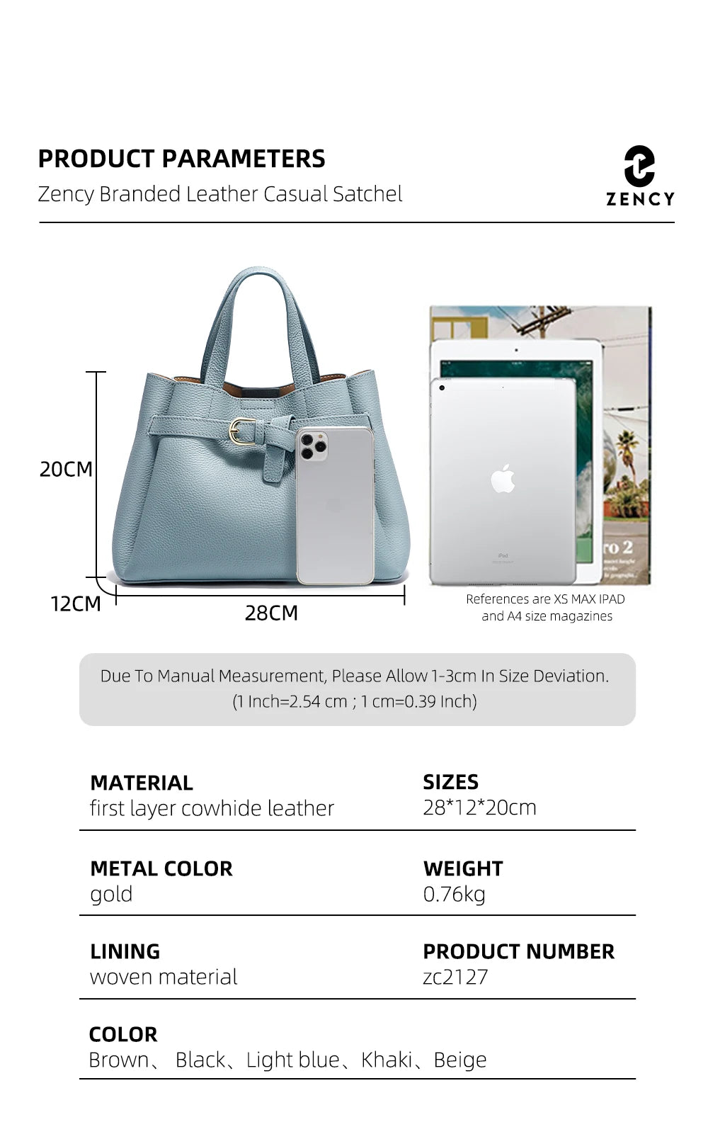 Zency Genuine Leather Top-handle Bag For Women Luxury Designer Crossbody Bag Zipper Purse Elegant OL Handbag 2025 New Shoulder