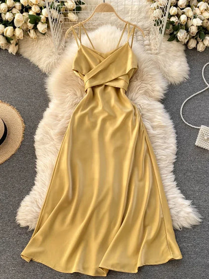 Summer European American Fashion New Vacation Beach Dress Women's Cross V-neck Sexy Strapless Strap Slim Party Dress C726