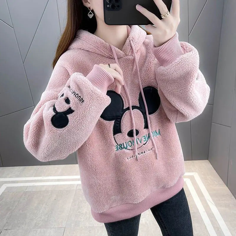 Korean popular clothes Cartoon Print Sweatshirt Thick PlushLining Hoodie Loose Korean Fashion All-match Oversized Kawaii Hoodies