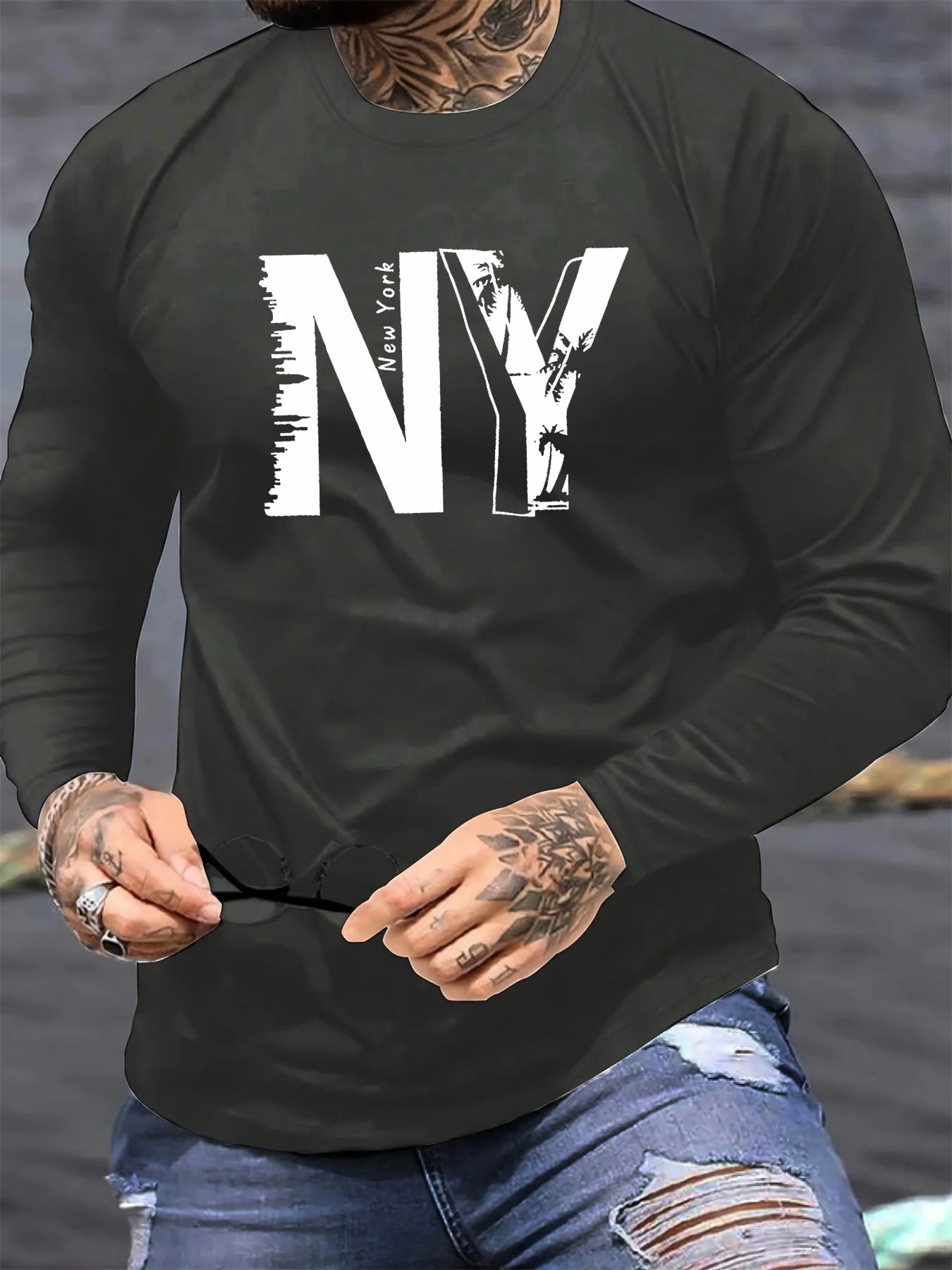Men's 100% pure cotton loose fit plus size casual sports New York NY letter printed round neck long sleeved T-shirt top