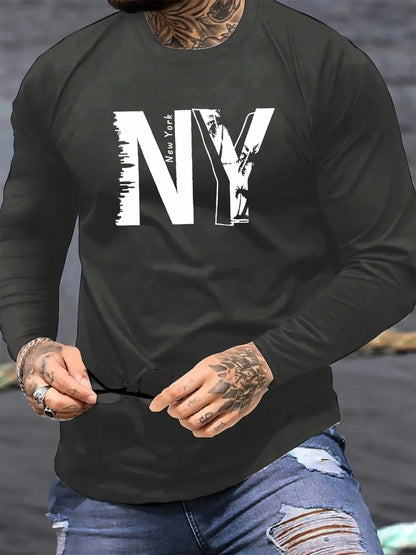 Men's 100% pure cotton loose fit plus size casual sports New York NY letter printed round neck long sleeved T-shirt top
