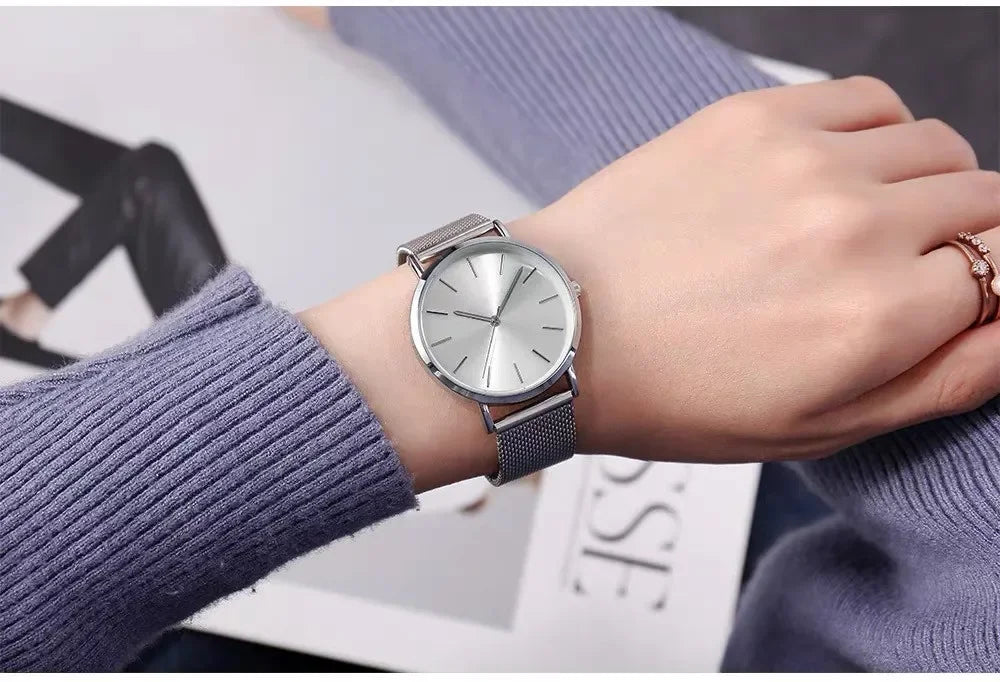 Fashion Women Watches Luxury Metal Analog Quartz Wristwatch Sliver Mesh Belt Simple Elegant Ladies Watch Relogio Feminino