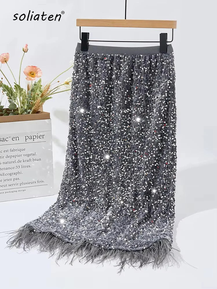 Party Holiday Women Sequined Feather Skirt 2025 Spring Fall Party Hip Skirt Slim Festival Female Chic Bottoms C-214