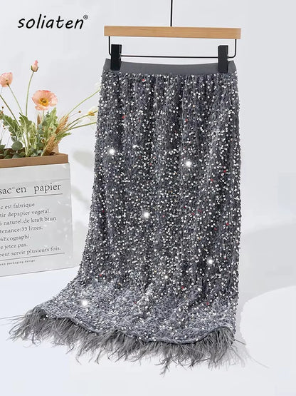 Party Holiday Women Sequined Feather Skirt 2025 Spring Fall Party Hip Skirt Slim Festival Female Chic Bottoms C-214