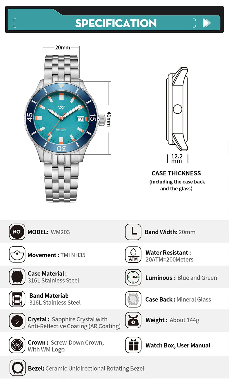 WM Watch NH35 Automatic Mechanical Watch Men Sapphire AR Coated 200M Water Resistant Ceramic Bezel Welly Merck Watches 203M-WM