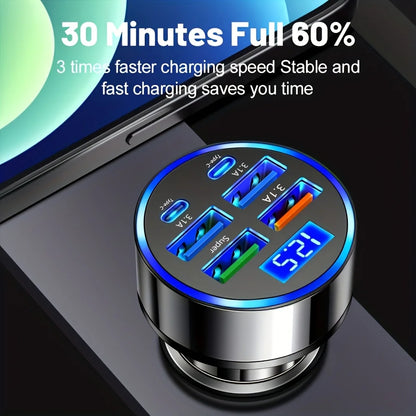 6-in-1 Fast Charging Car Adapter 3.1A Dual Type-C Digital Display Smartphones Tablets Power Banks Black Portable Charger