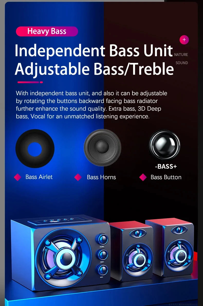 Powerful Bluetooth Speakers Colorful LED Home TV Theater Sound Wireless Subwoofer 3D Stereo Surround Wooden Material USB Wired