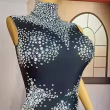 Women Sexy Stage Sparkly Rhinestones Sleeveless Dress Elegant Birthday Celebrate Evening dress Important occasion party dress