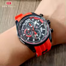 MINI FOCUS Red Watch for Men Fashion Luxury Chronograph Quartz Wristwatch with Silicone Band Luminous Hands Date Waterproof 0350