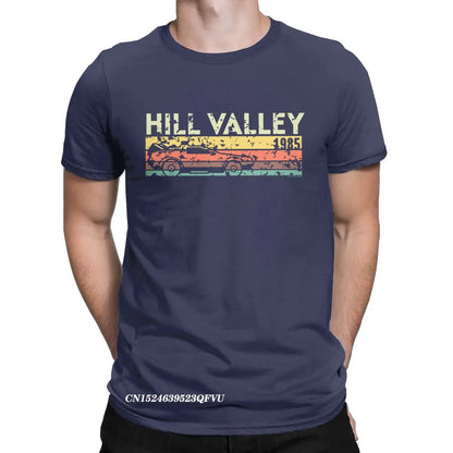 Hill Valley 1985 Tee Shirt Men Back To The Future Tops T Shirts Doc Brown Marty Delorean Time Travel Movie BTTF Tees Plus Size