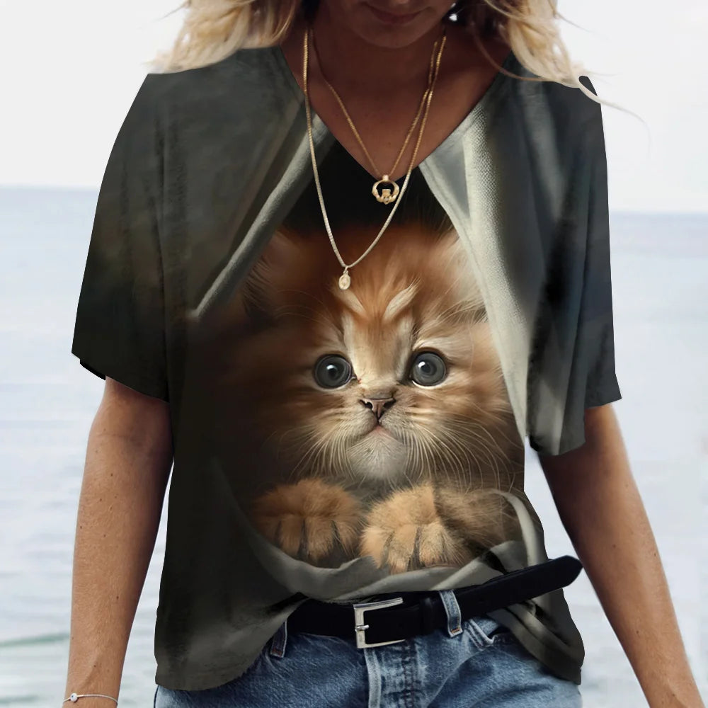 Fashion Women's T-shirt Cat Print Short Sleeve Clothes Female Harajuku Tees Ladies T Shirt Oversized Tops Animal Women Clothing