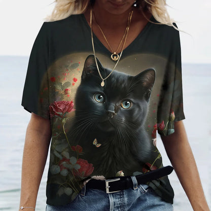 Fashion Women's T-shirt Cat Print Short Sleeve Clothes Female Harajuku Tees Ladies T Shirt Oversized Tops Animal Women Clothing